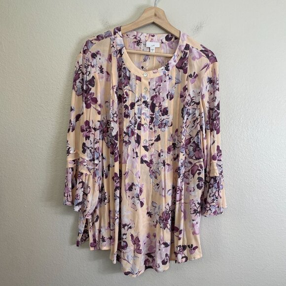J Jill Womens XL Purple Floral Pleated Button Front Tunic Top Bell Sleeve Blouse - Picture 8 of 13